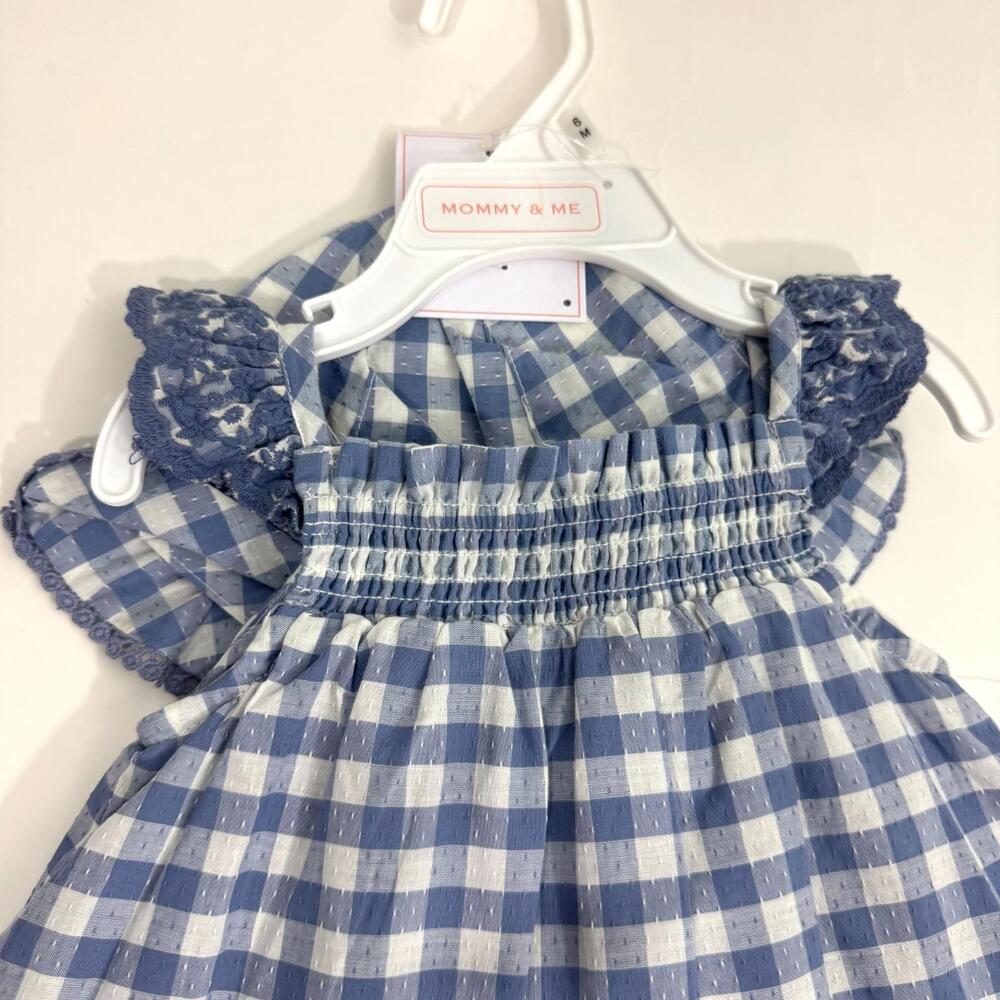 Shabby Chic Baby Girl Size 3-6M Blue Gingham Print Sun Dress Matching Hat Set - Picture 2 of 9